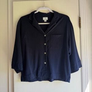 Petite Plume Navy Blue 100% Pima Cotton 3/4 Sleeve Button Down Sleep Shirt XS
